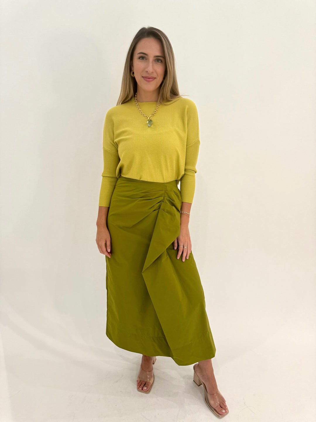 BK Boxy Sweater in Acorn paired with Essentiel Antwerp Guga Midi Skirt in Kale available at Barbara Katz