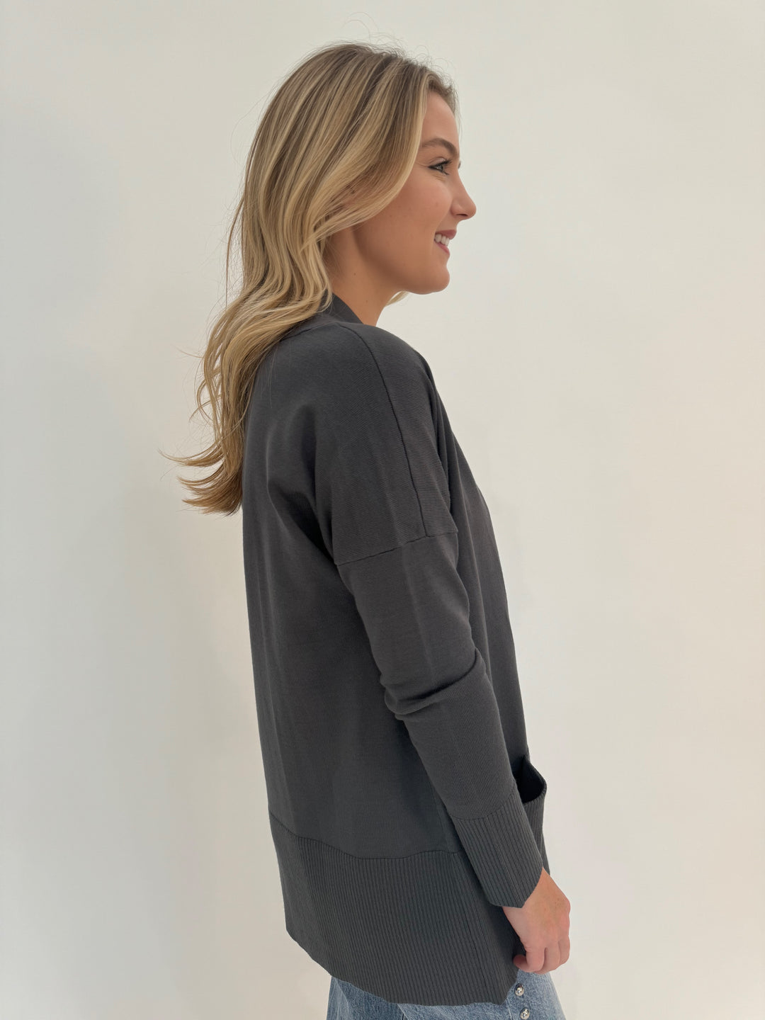 BK Olivia Long Sleeve Cardigan in Tornado Gray available at Barbara Katz