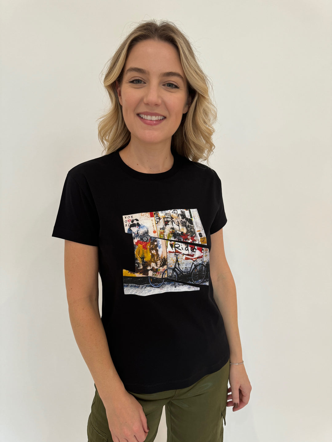 Suzi Roher Niki Black Short Sleeve Crew Tee in Enjoy The Ride available at Barbara Katz