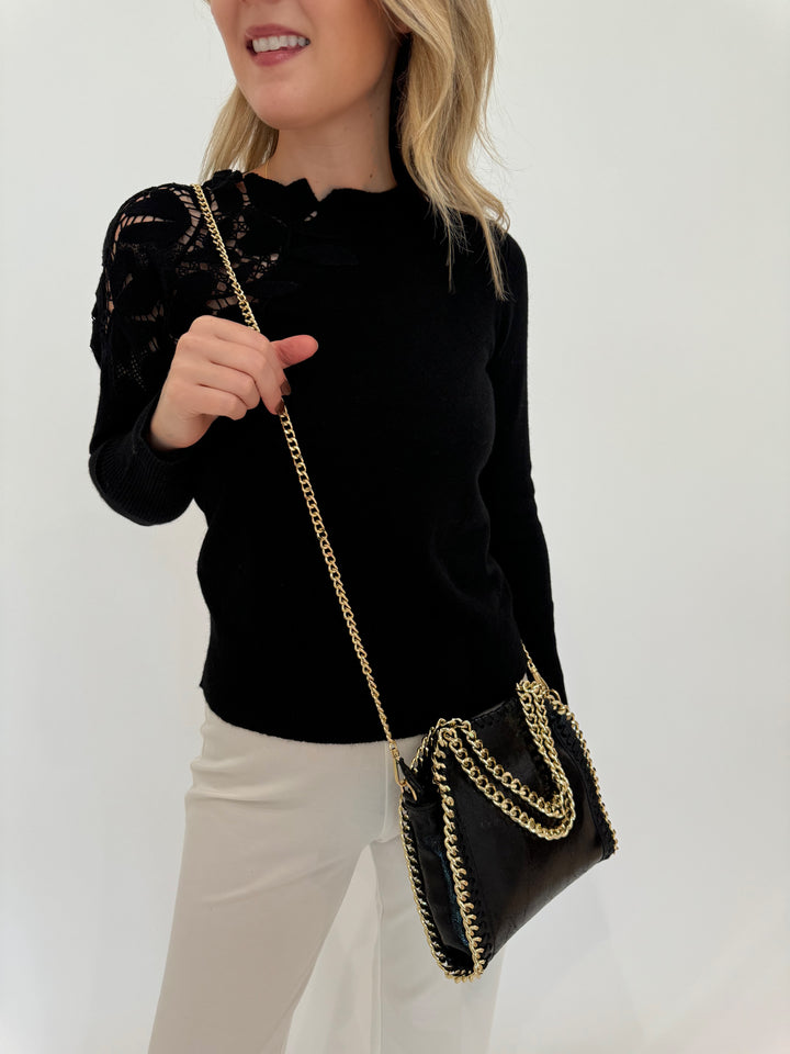 Kinross Lace Applique Crew Sweater in Black with BK Luxe Metallic Leather Bag in Black available at Barbara Katz