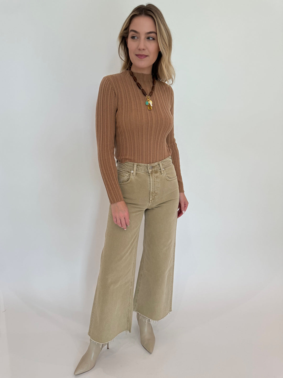 Colorush CSC Hendrix Rib Mock Neck Top in Camel paired with Lysse Crop Wide Leg Jeans in Porcini available at Barbara Katz