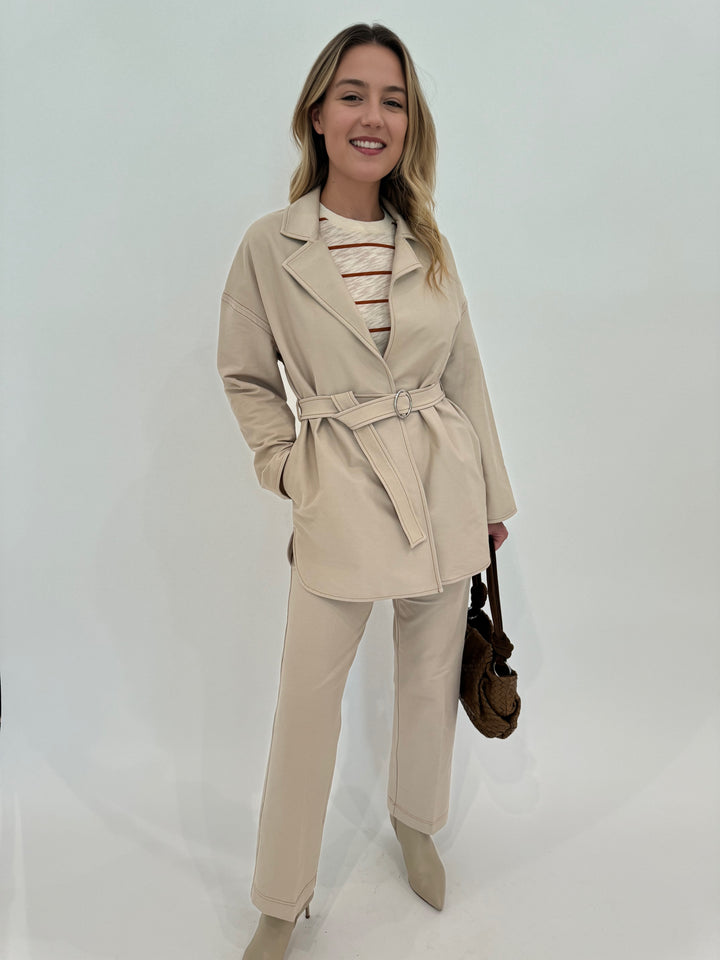 ATM Slub Jersey Stripe Schoolboy Crew Neck Cotton Tee underneath Max Mara Otranto Jersey Jacket paired with Quiete Denim-Effect Jersey Trousers in Beige