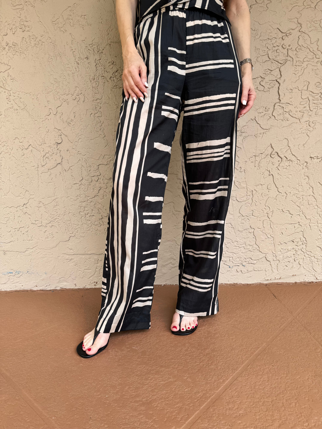 Rails Brendon Pants in Island Stripe, 100% cotton pull-on style pants with thick elastic waistband, striking stripes design, and wide-leg silhouette