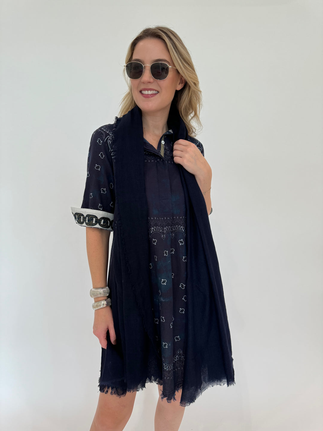 Dizzy-Lizzie Chatham Dress Indigo Bandana Print with Vilagallo Navy Wool Scarf available at Barbara Katz