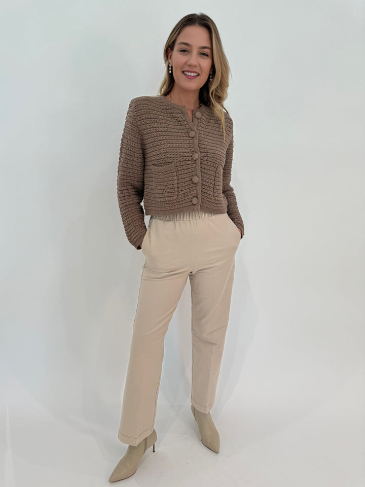 Barbara Katz Lili Chunky Textured Jacket in Natural paired with Max Mara Quite Denim-Effect Trousers in Beige