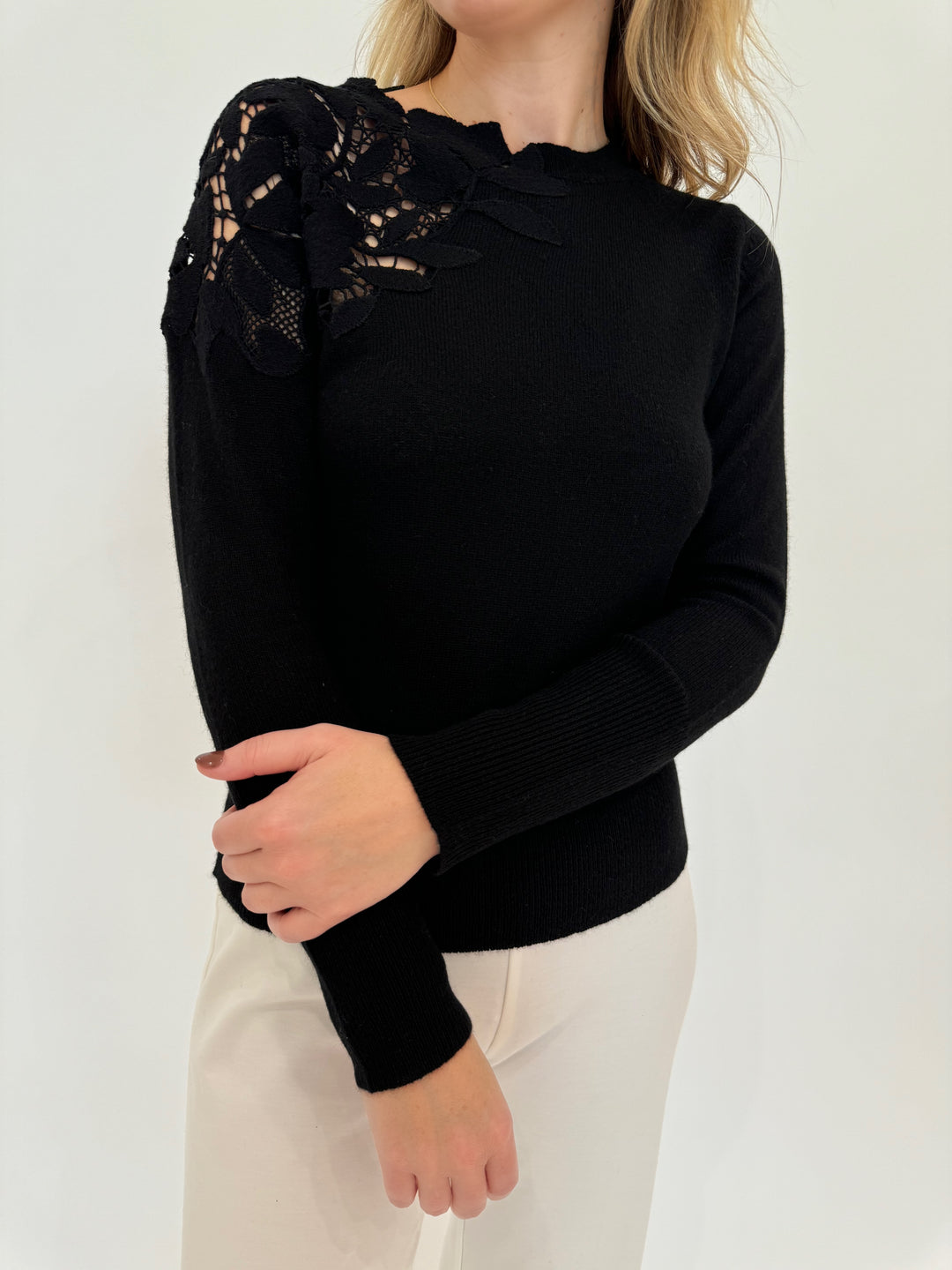 Kinross Cashmere Lace Applique Crew Sweater in Black available at Barbara Katz