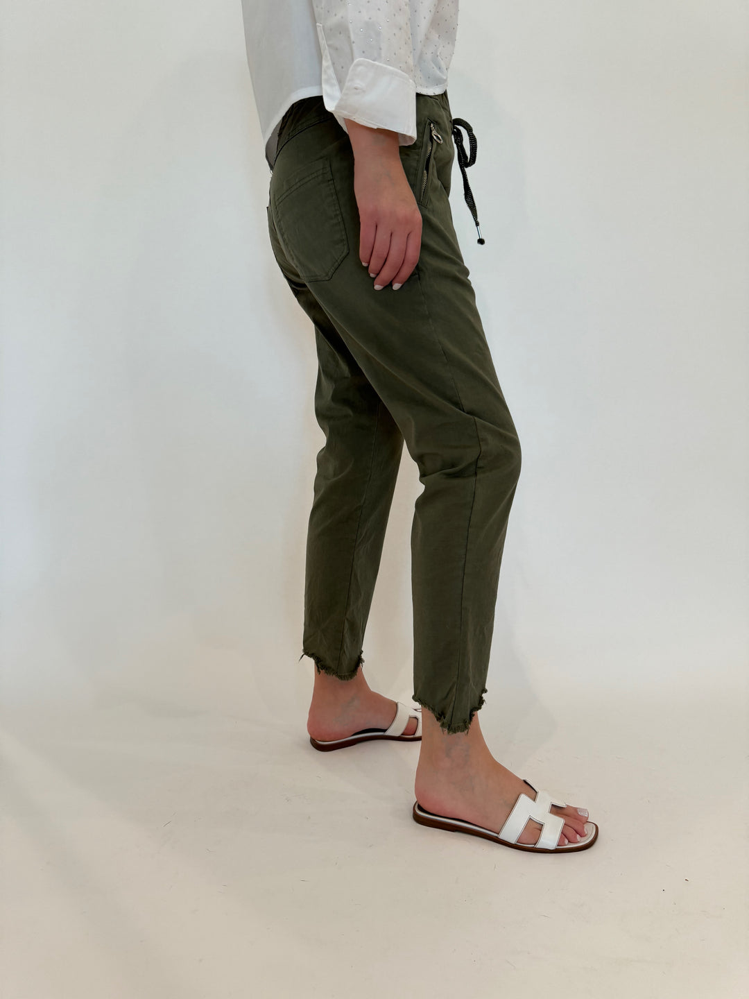 BK Charlie Zip Pocket Crinkle Jogger With Raw Hem in Army Green available at Barbara Katz