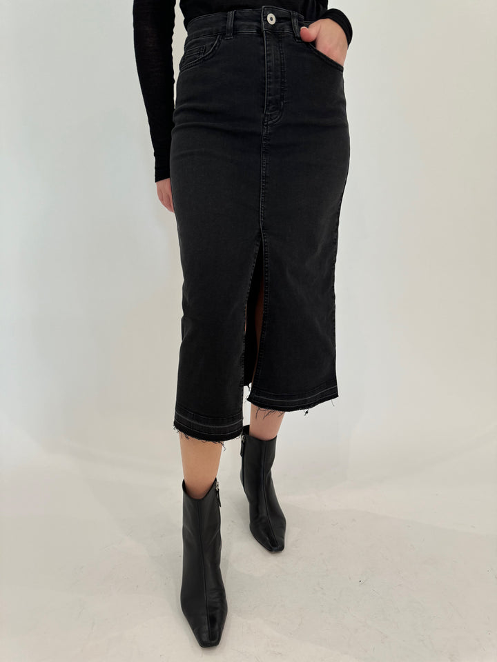 Elliott Lauren Geneva Jean Skirt With Front Slit in Black available at Barbara Katz