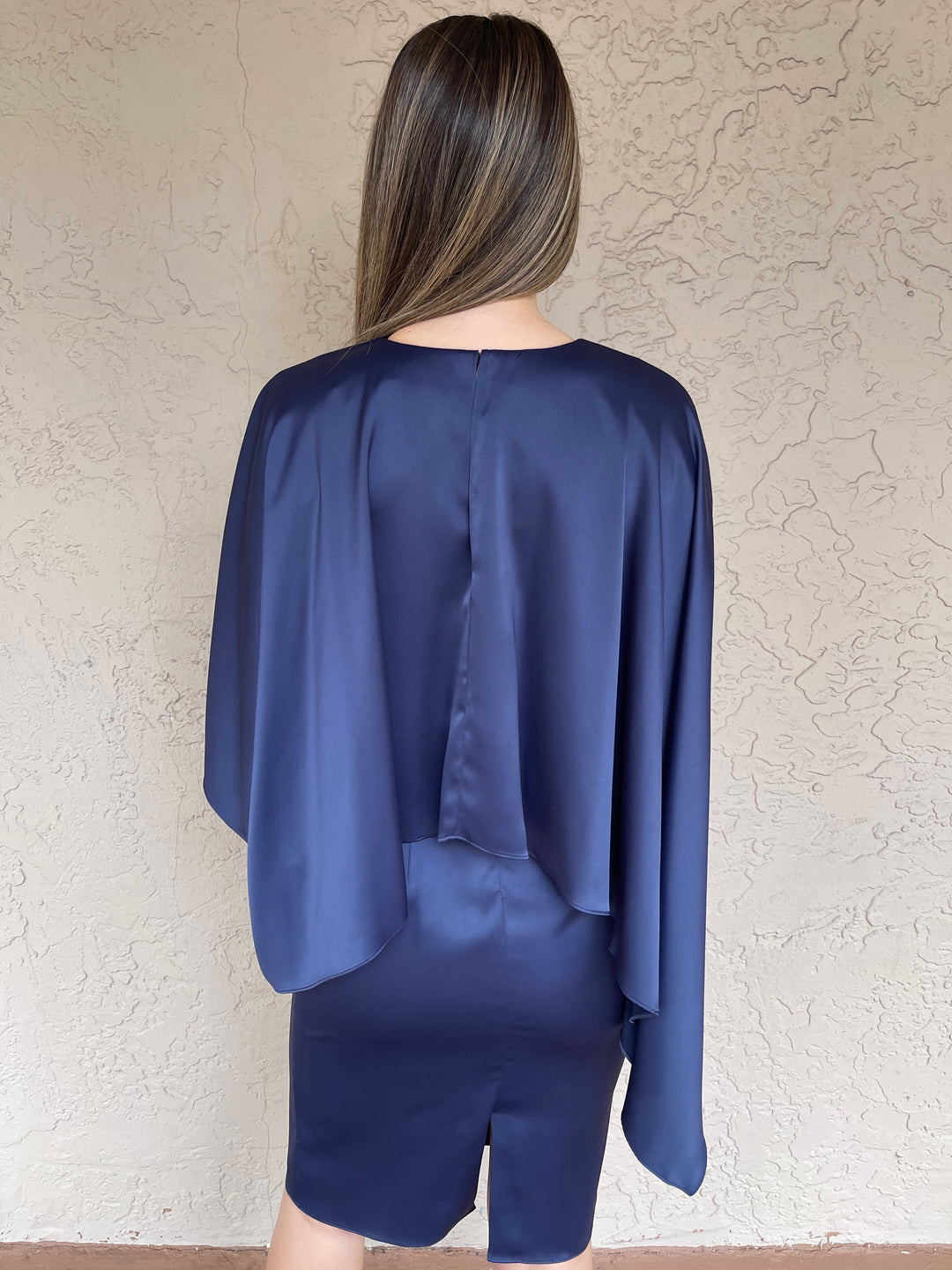 Satin Caplet Cocktail Dress - Navy