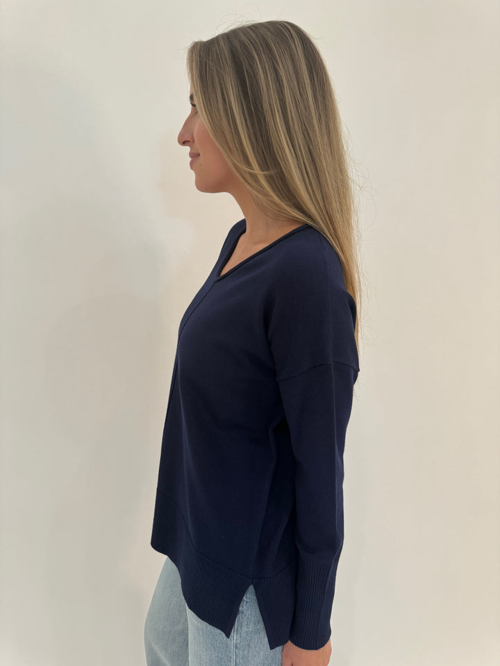 BK Selena Long Sleeve Roll V-Neck Sweater in Navy available at Barbara Katz