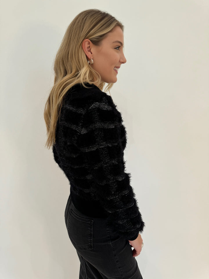 Maria Pavan Ellie Fringe Check Long Sleeve Zip Up Sweater in Black/White available at Barbara Katz