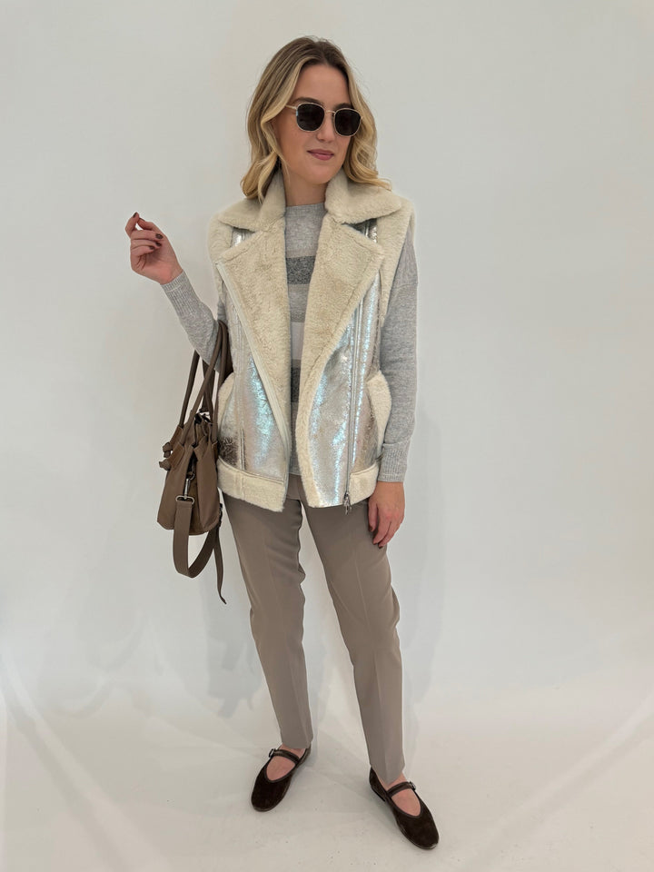 D.Exterior Multi Stripe Crew Sweater in Cenere layered with Metallic Vest in Onice, paired with EW Straight Leg Trouser in Visone, Daniella Lehavi Eveline Satchel Bag in Mocca Stripes, Le Specs Neptune Deux Sunglasses - all available at Barbara Katz