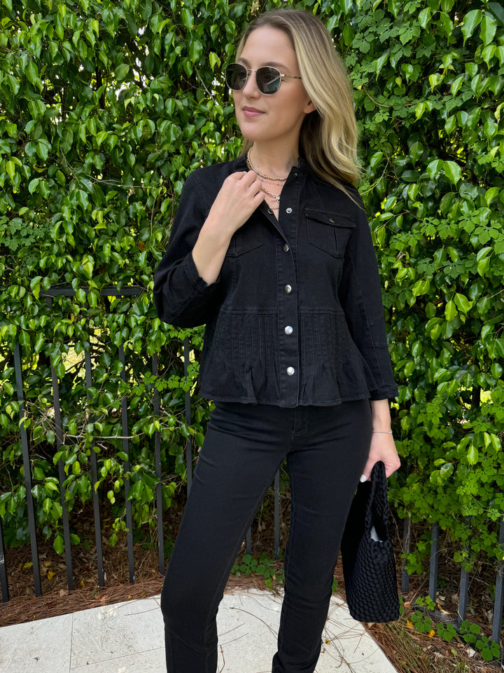 Peace of Cloth Denim Stitch Band Collar Jacket in Black paired with Denim Jean in Black and Sol and Selene Sky's Small Bag in Black