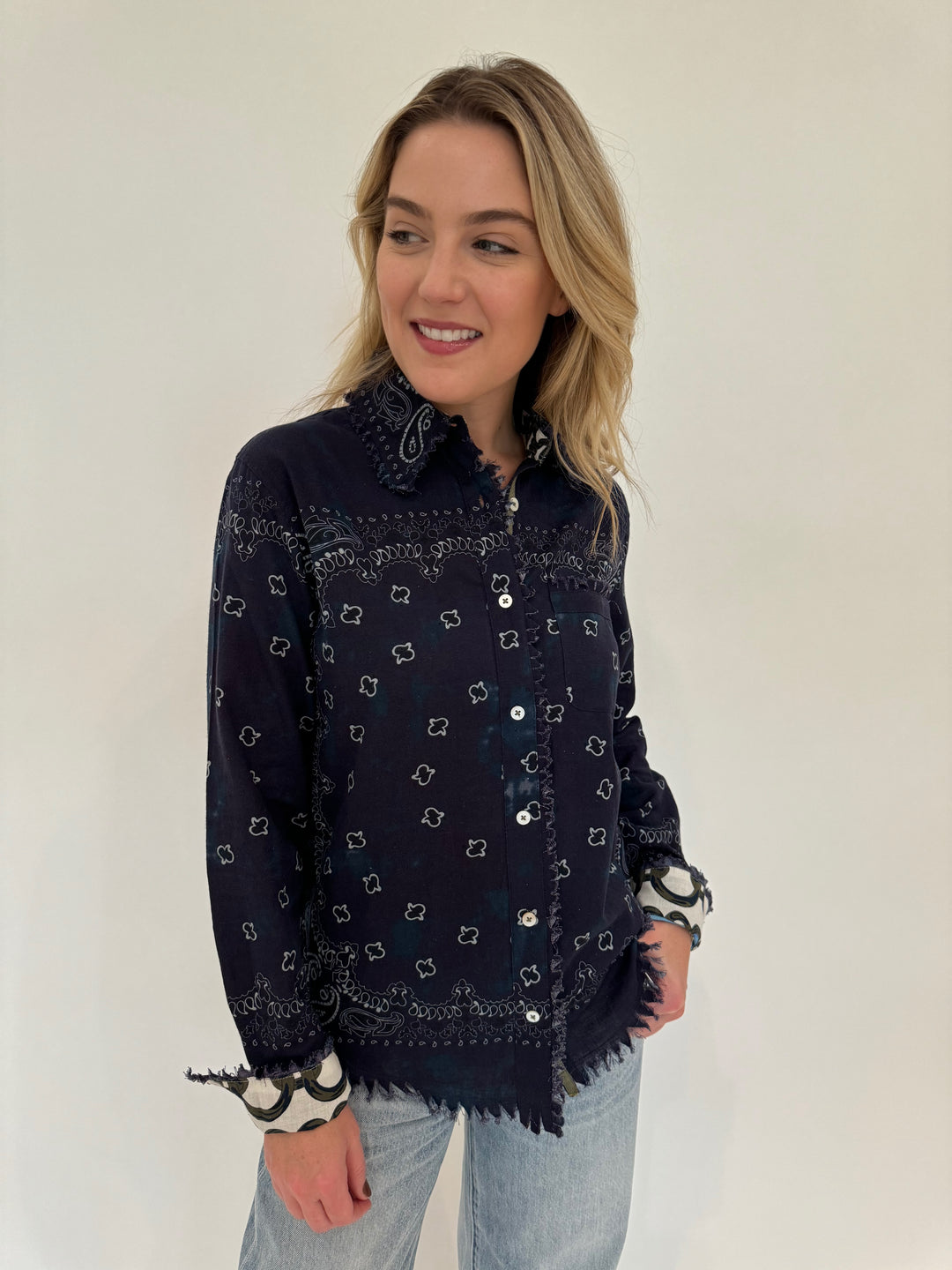 Dizzy-Lizzie Cape Cod Frayed Shirt Indigo Bandana Print - F809 available at Barbara Katz