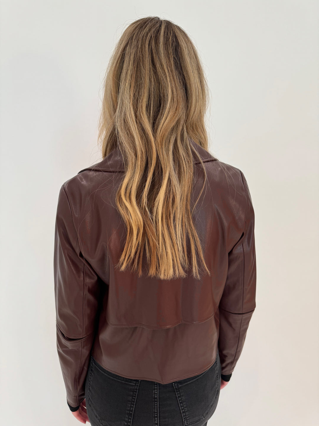 Adroit Atelier Ninon Vegan Leather Jacket in Chocolate with Aldomartins Black available at Barbara Katz