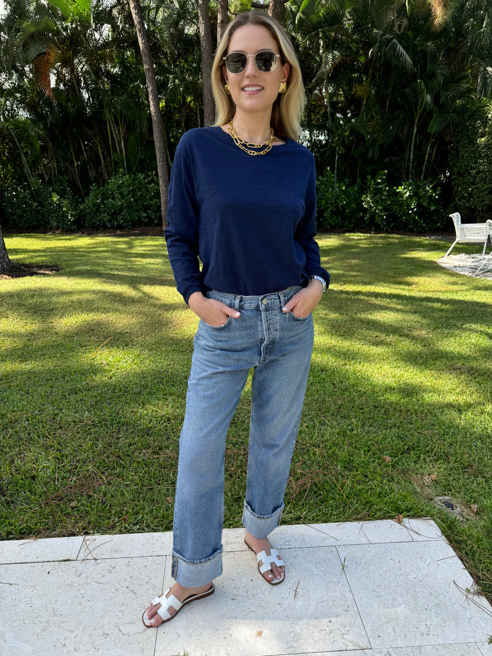 A midnight blue Elliott Lauren Balloon Sleeve Tee made of 100% cotton, with long sleeves, round neck, and ribbed trims. Perfect for casual wear. #elliottlauren #longsleeves #tee