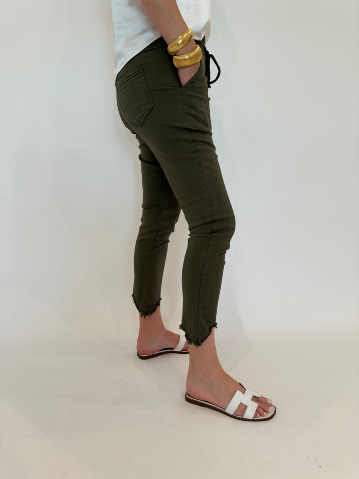 BK Kylie Distressed Fringe Hem Crinkle Jogger in Army Green available at Barbara Katz