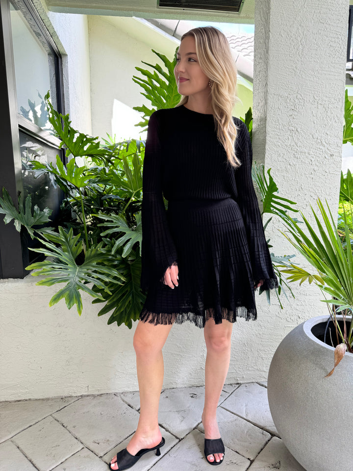 Maria Pavan Miley Fringe Long Sleeve Top and Riley Fringe Skirt Set in Black available at Barbara Katz