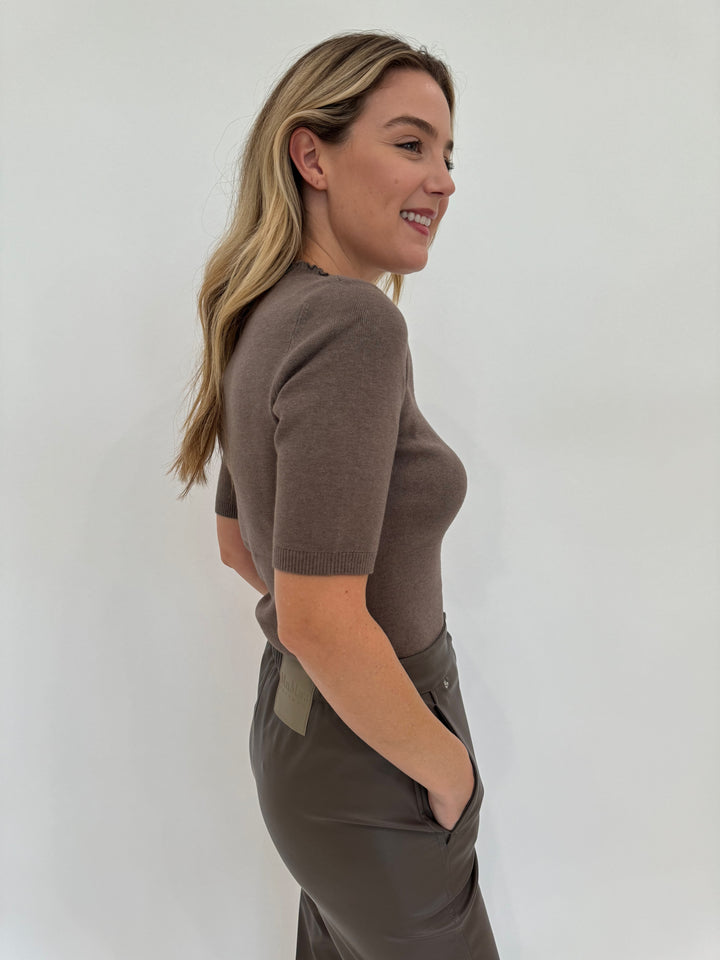 Oui Luna Lettuce Edge Sweater in Smoky Taupe paired with Max Mara Leisure Struzzo Vegan Leather Pants in Hazelnut available at Barbara Katz