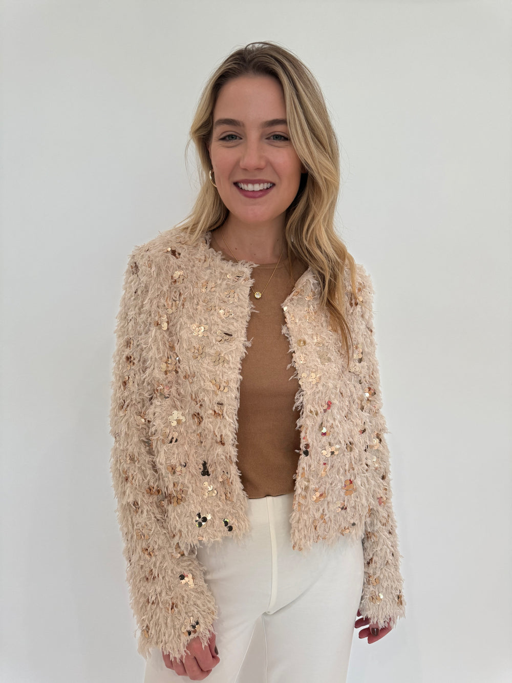 Oui Feather Optics Party Jacket in Off White/Camel with Kinross Camel Fitted Crew Sweater underneath available at Barbara Katz