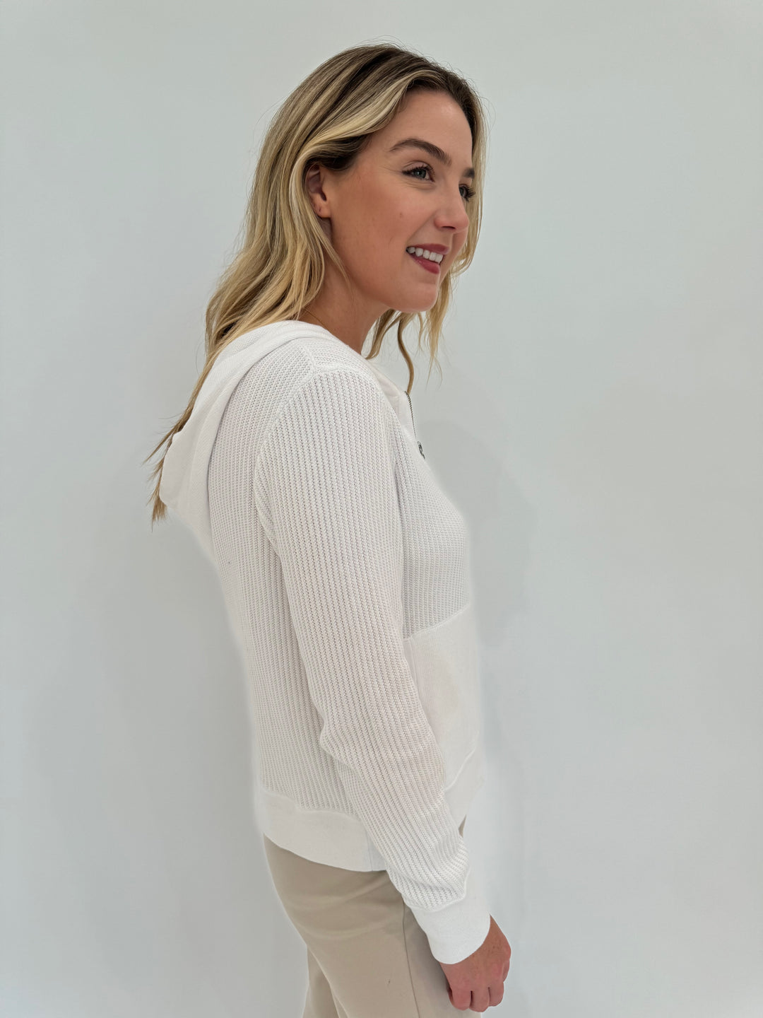 Kinross Rib Zip Long Sleeve Hoodie in White available at Barbara Katz