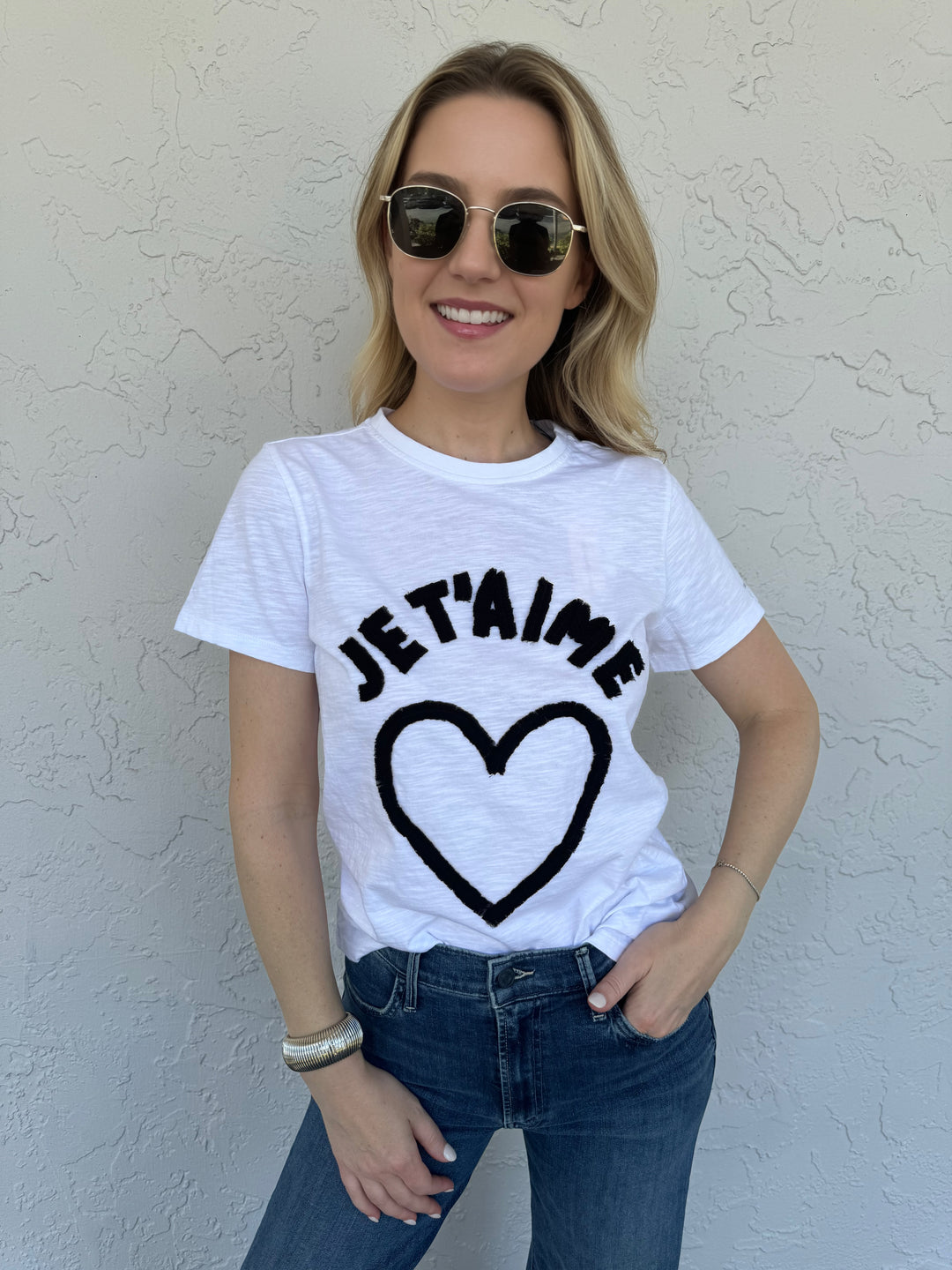 Cinq a Sept Textured Je T'Aime Heart Tee in White/Black, 100% cotton t-shirt with crew neck, short sleeves, and textured graphic print