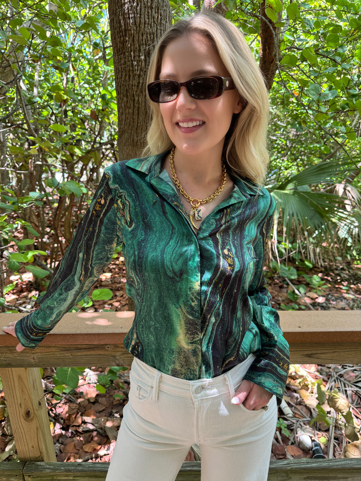 ME369 Joelle Shirt in Jade Gold marble print featuring shirt collar, long sleeves, and concealed button placket