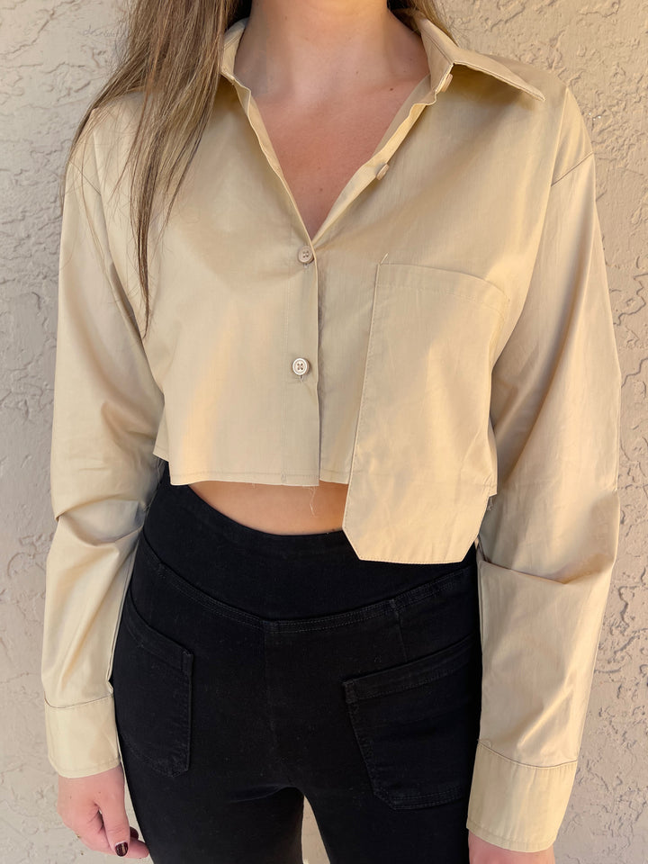 Cut Edge Cropped Pocket Shirt - Khaki