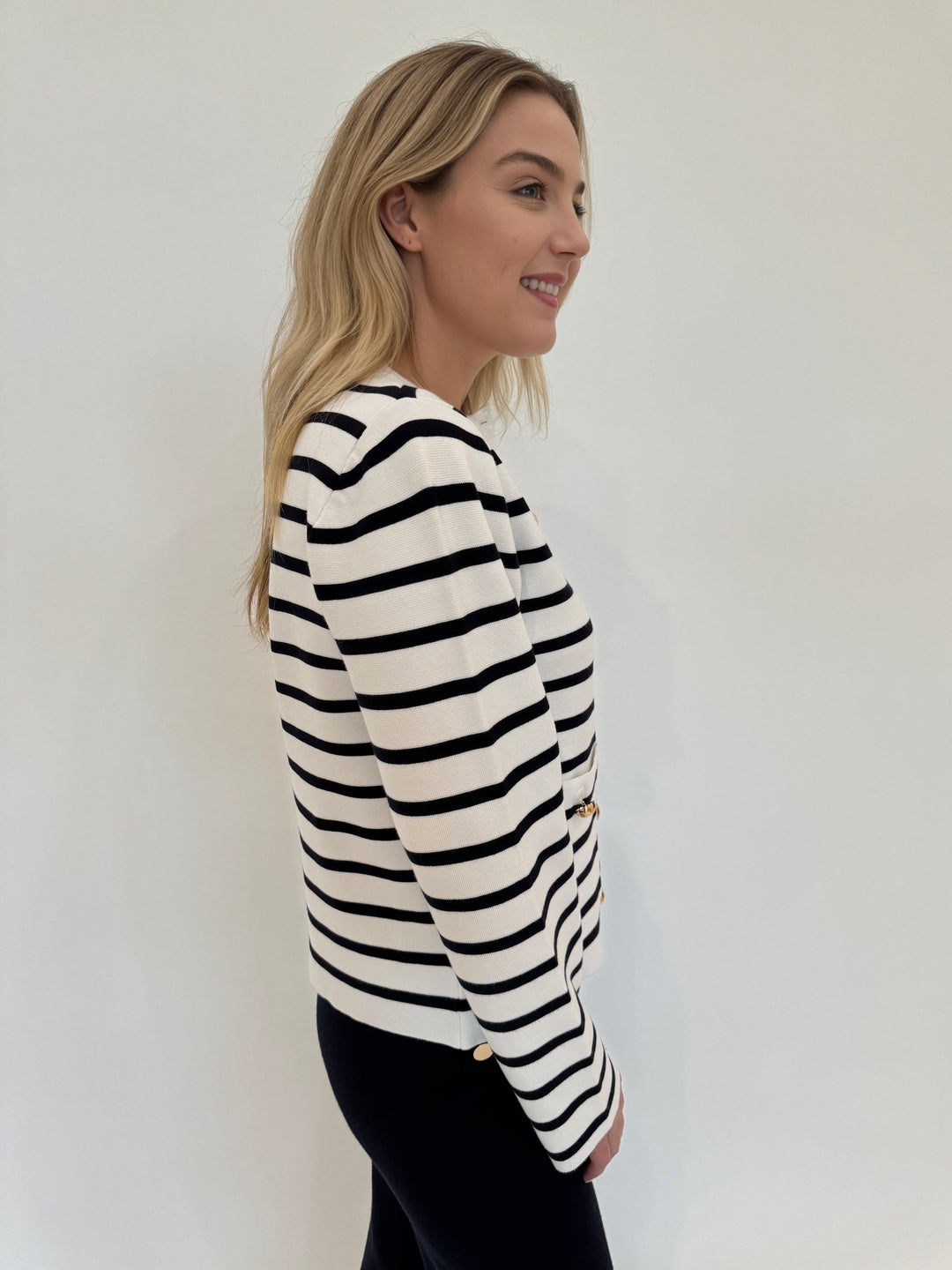 BK Dina Striped Long Sleeve Sweater Cardigan in White available at Barbara Katz