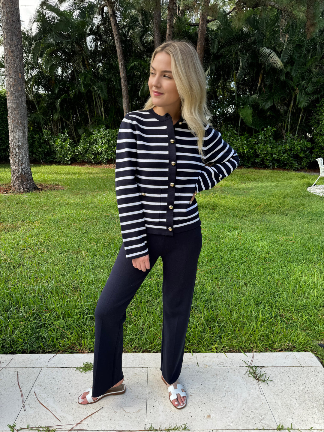 Barbara Katz Dina Striped Sweater Cardigan in Navy paired with Demi Full-Length Sweater Pants in Navy available at barbarakatzshop.com