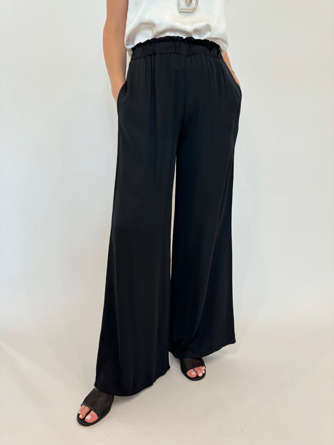 BK Sophie Italian Silky Viscose Palazzo Pants in Black available at Barbara Katz