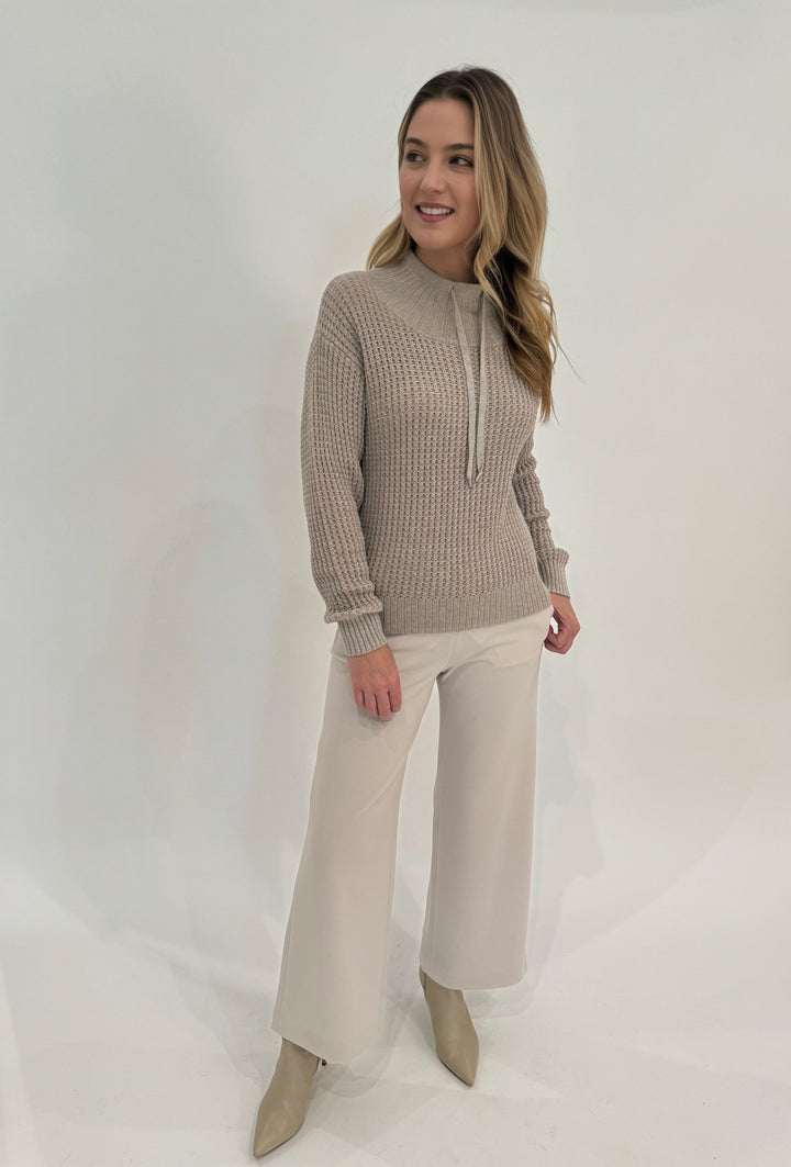 Barbara Katz Molly Lurex Thermal Sweater in Biscotti paired with Max Mara Quiete Denim-Effect Jersey Trousers in Beige