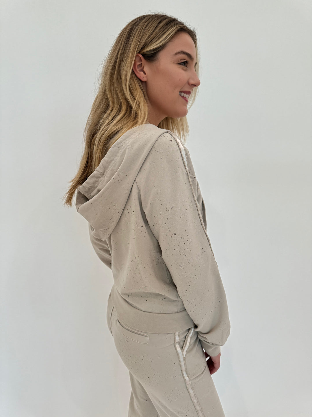 BK Sandy Distressed Long Sleeve Zip Hoodie in Beige available at Barbara Katz