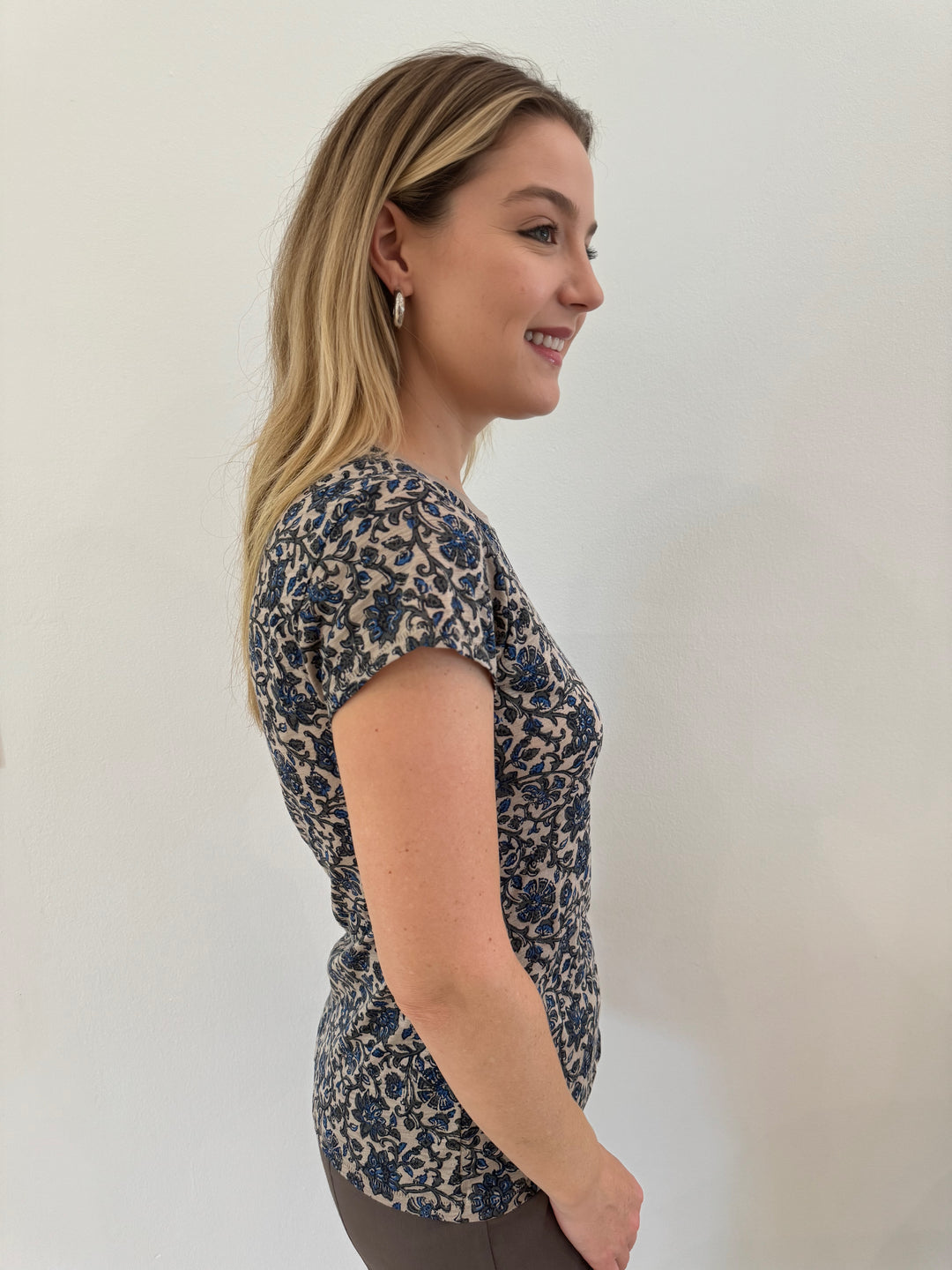 Goldie Short Sleeve Printed Ringer Tee in Blue Floral 