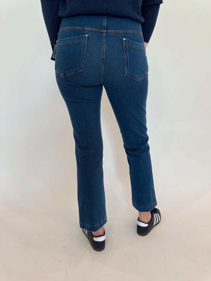 Lysse Ankle Denim Baby Bootcut Pants in Midwash Blue available at Barbara Katz