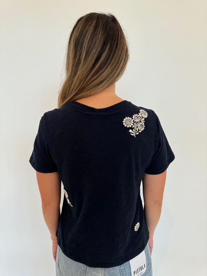 Cinq a Sept Crystal Chrysanthemum Shrunken Tee in Navy available at Barbara Katz