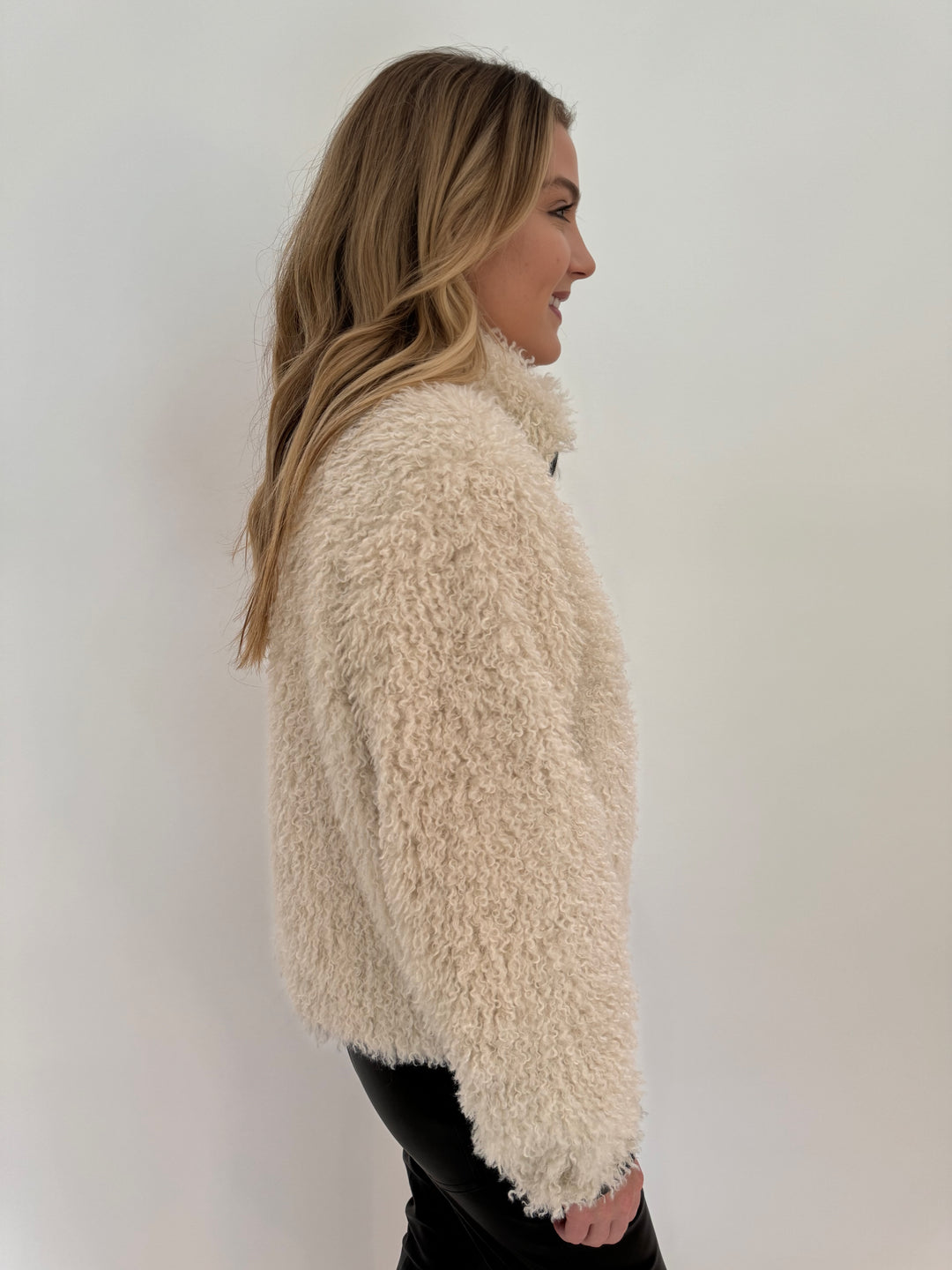 Adroit Atelier Carrie Short Mongolian Faux Fur Coat in Ivory available at Barbara Katz