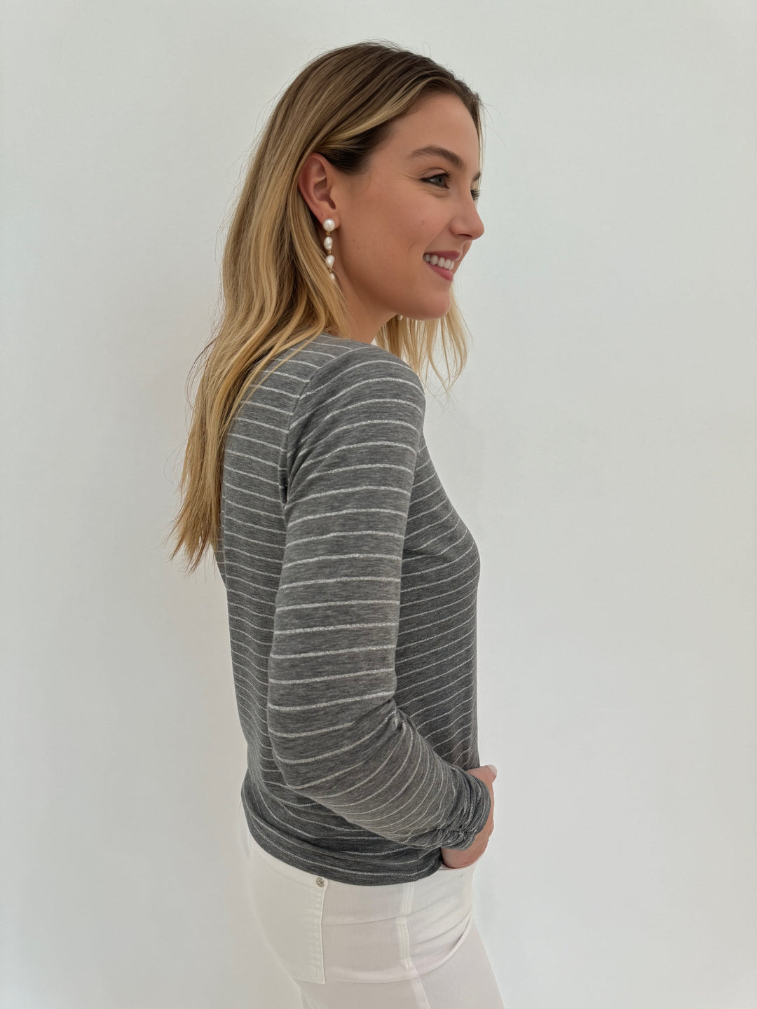 Elliott Lauren Shimmer Stripe Long Sleeve Top in Grey