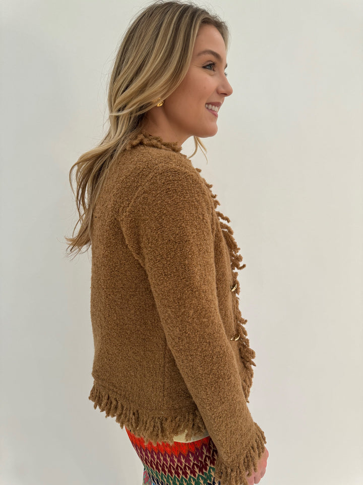 Marella Rovo Fringe Long Sleeve Jacket in Camel available at Barbara Katz