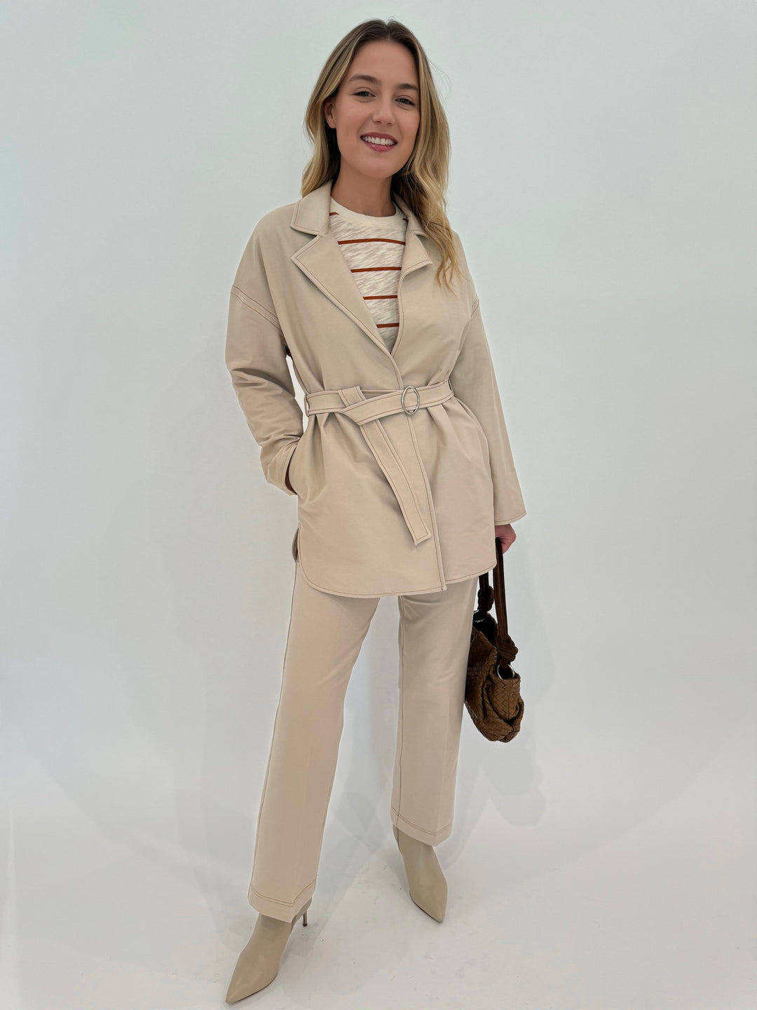 Max Mara Otranto Jersey Jacket paired with Quiete Denim-Effect Jersey Trousers in Beige