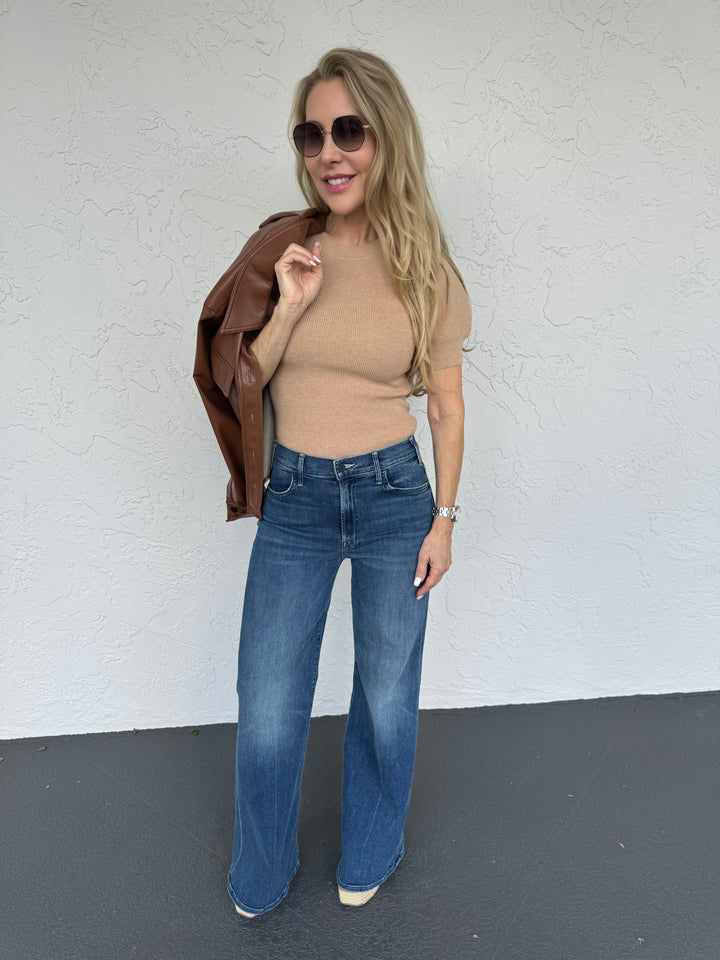 Model wearing Marella Anfora Sweater in Camel paired with Mother's The Hustler Roller Skimp Jeans