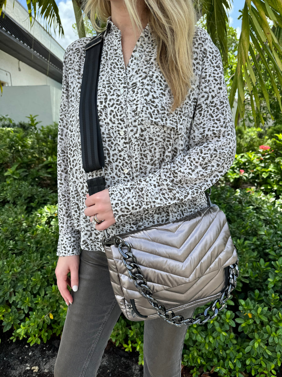 Rails Josephine Button Down Shirt in Charcoal Watercolor Cheetah with and Think Royln The Muse Bag in Pearl Latte