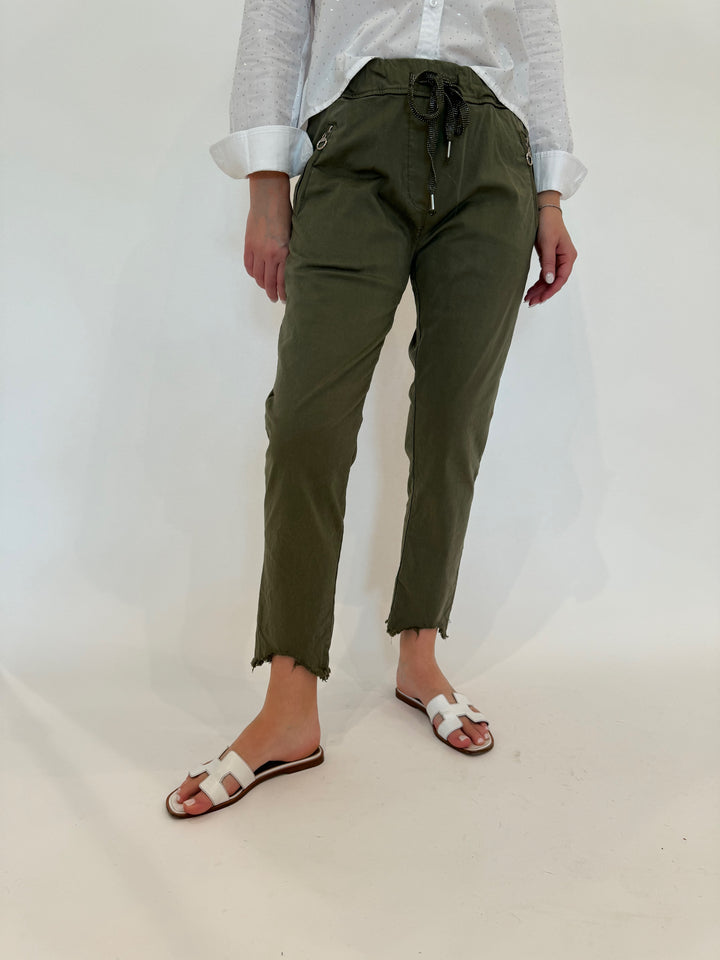 BK Charlie Zip Pocket Crinkle Jogger With Raw Hem in Army Green available at Barbara Katz