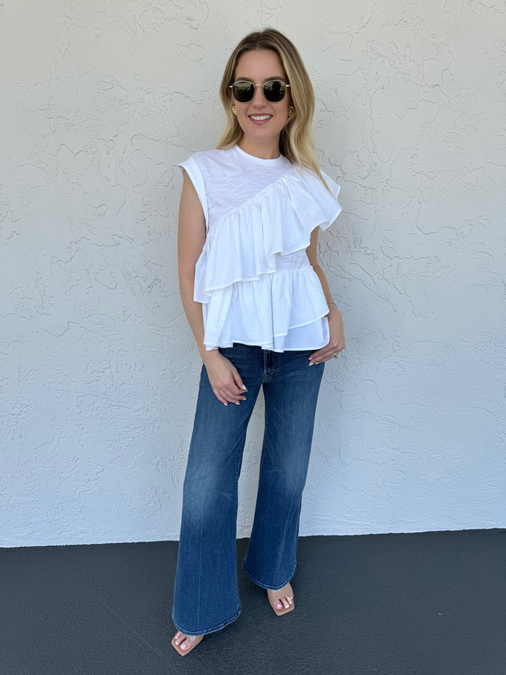 Cinq a Sept Micki Top in White with crew neck, short sleeves, with ruffle details