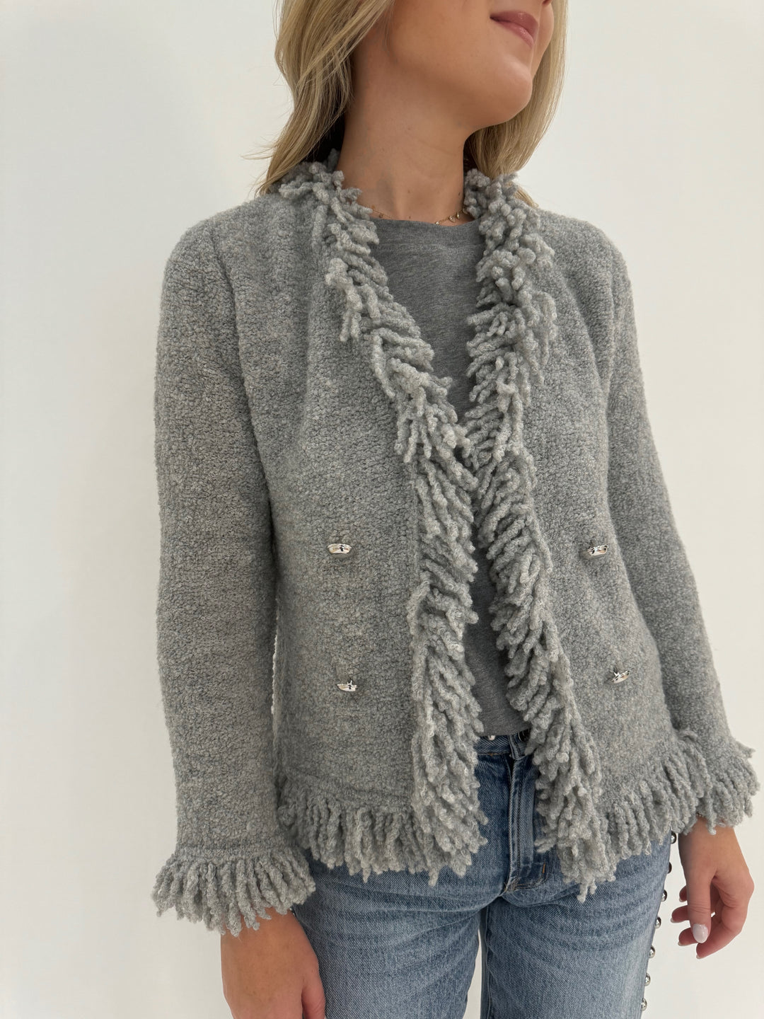 Marella Rovo Fringe Jacket Melange Light Grey available at Barbara Katz