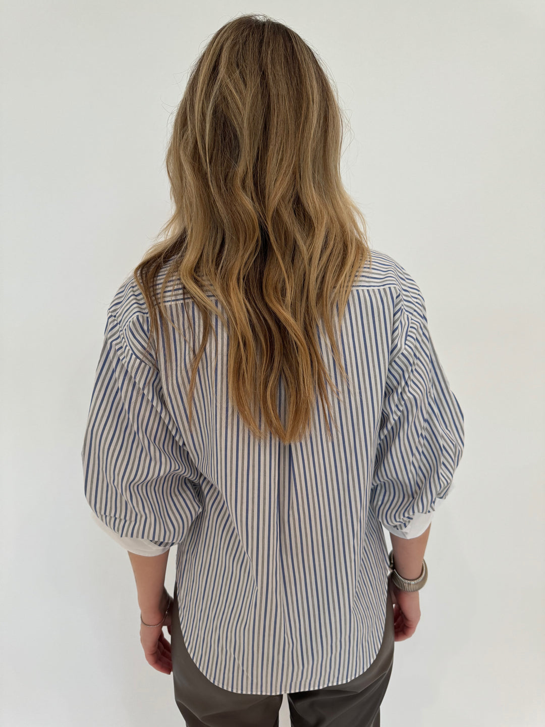 Simkhai Gemma Three-Quarter Sleeve Shirt in Cool Gray Stripe available at Barbara Katz