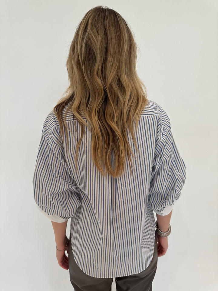 Simkhai Gemma Three-Quarter Sleeve Shirt in Cool Gray Stripe available at Barbara Katz