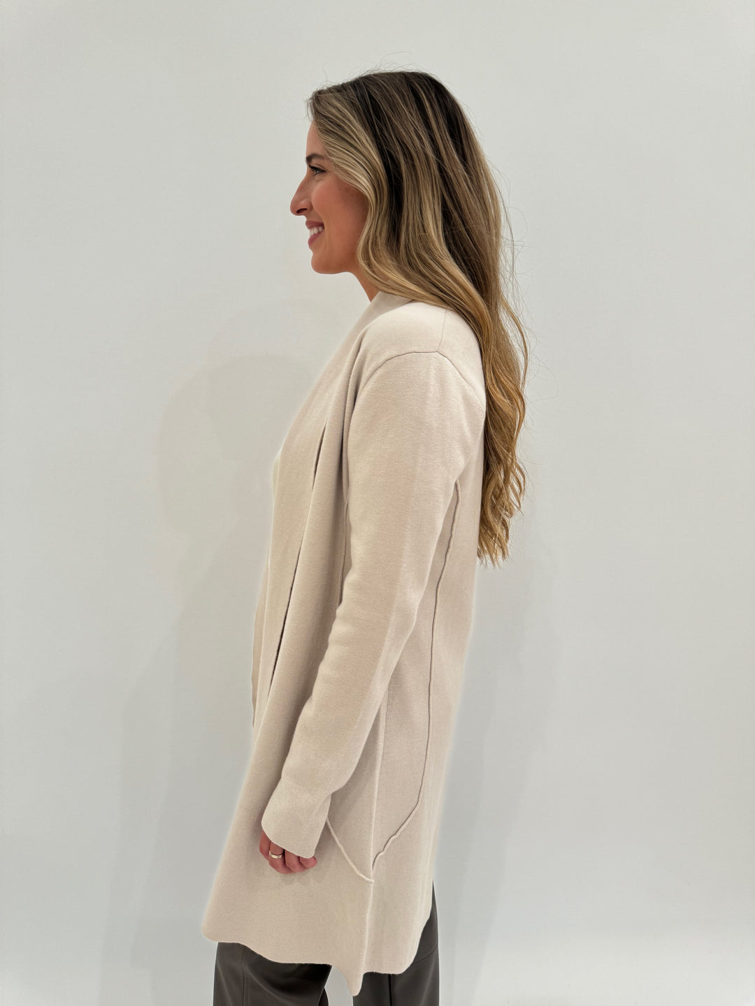 Pure Amici Long Open Cardigan in Latte available at Barbara Katz