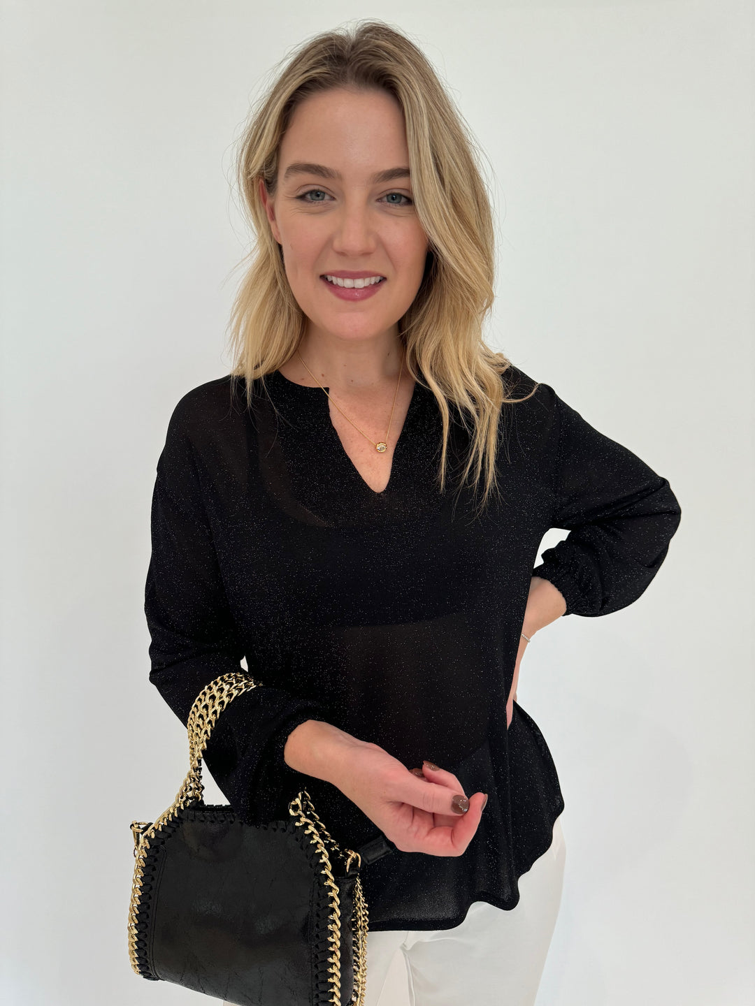 Kinross Cashmere Shimmer Splitneck Sweater in Black with BK Metallic Luxe Leather Bag in Black available at Barbara Katz