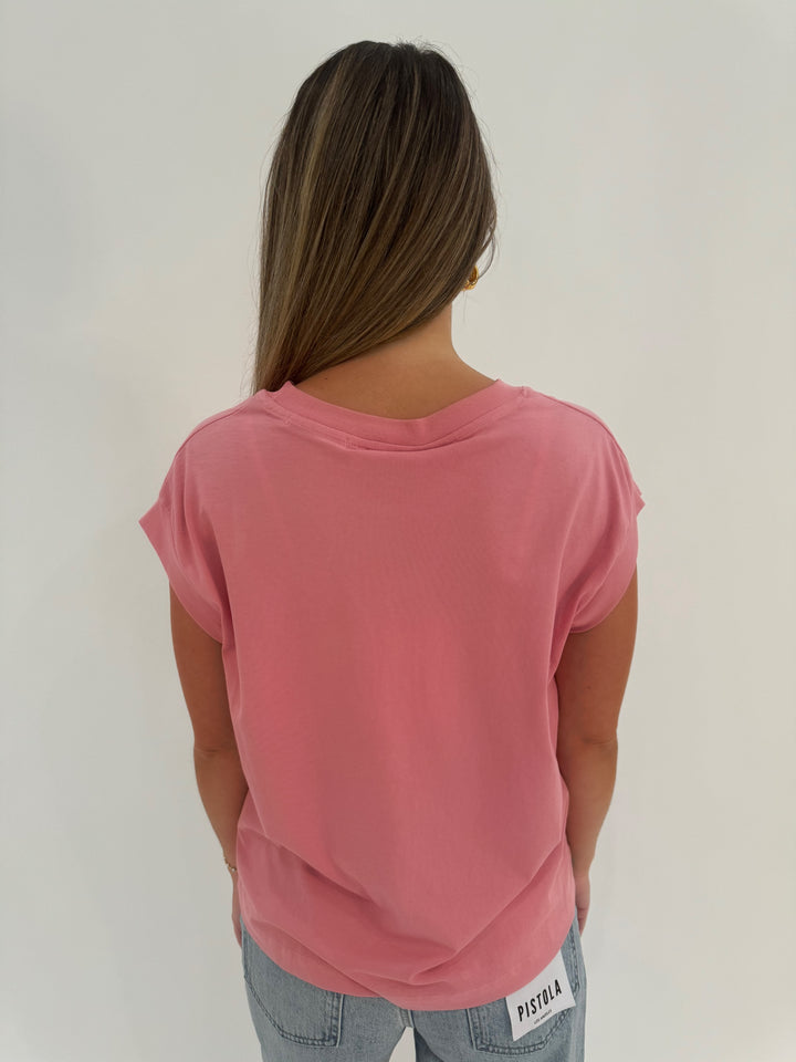 Essentiel Antwerp Glaieul Embroidered T-Shirt in Cotton Candy available at Barbara Katz